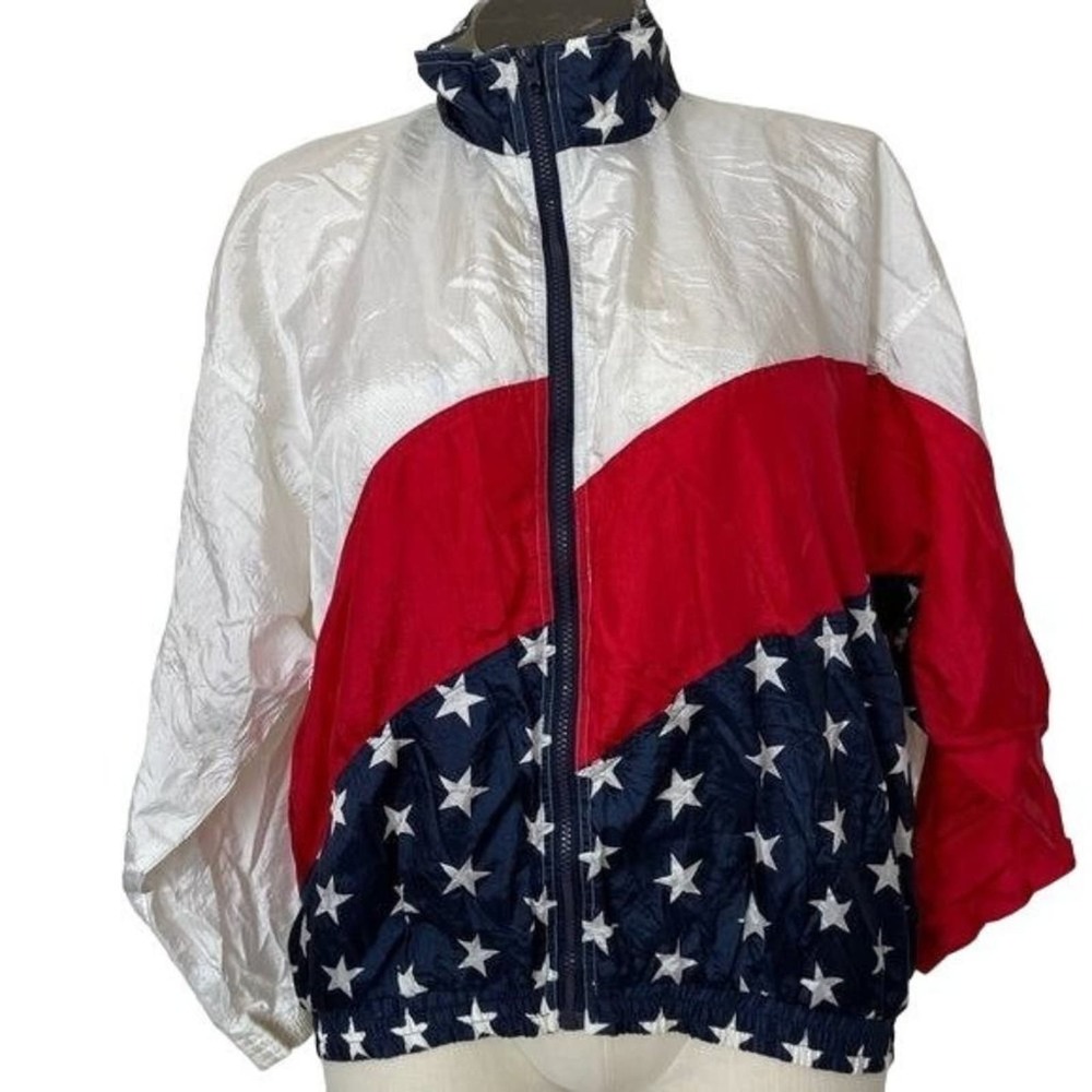 Vintage Windbreaker Jacket Stars Red White Blue USA Independence Day Nylon Large
